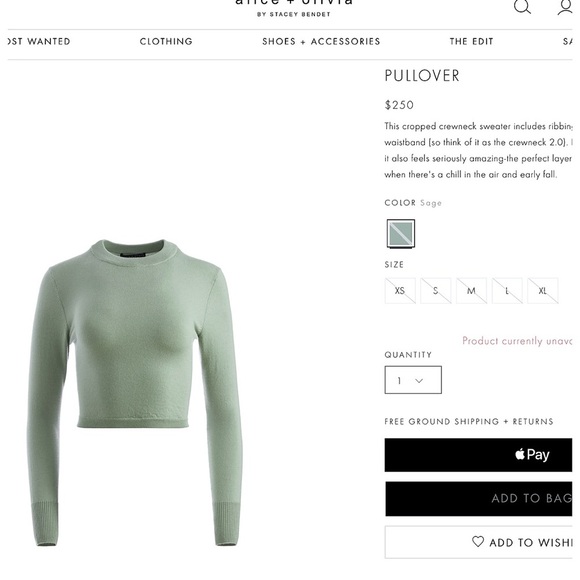 Alice + Olivia Luna Wool Blend Sage Green Cropped Pullover Sweater Top - Picture 3 of 16